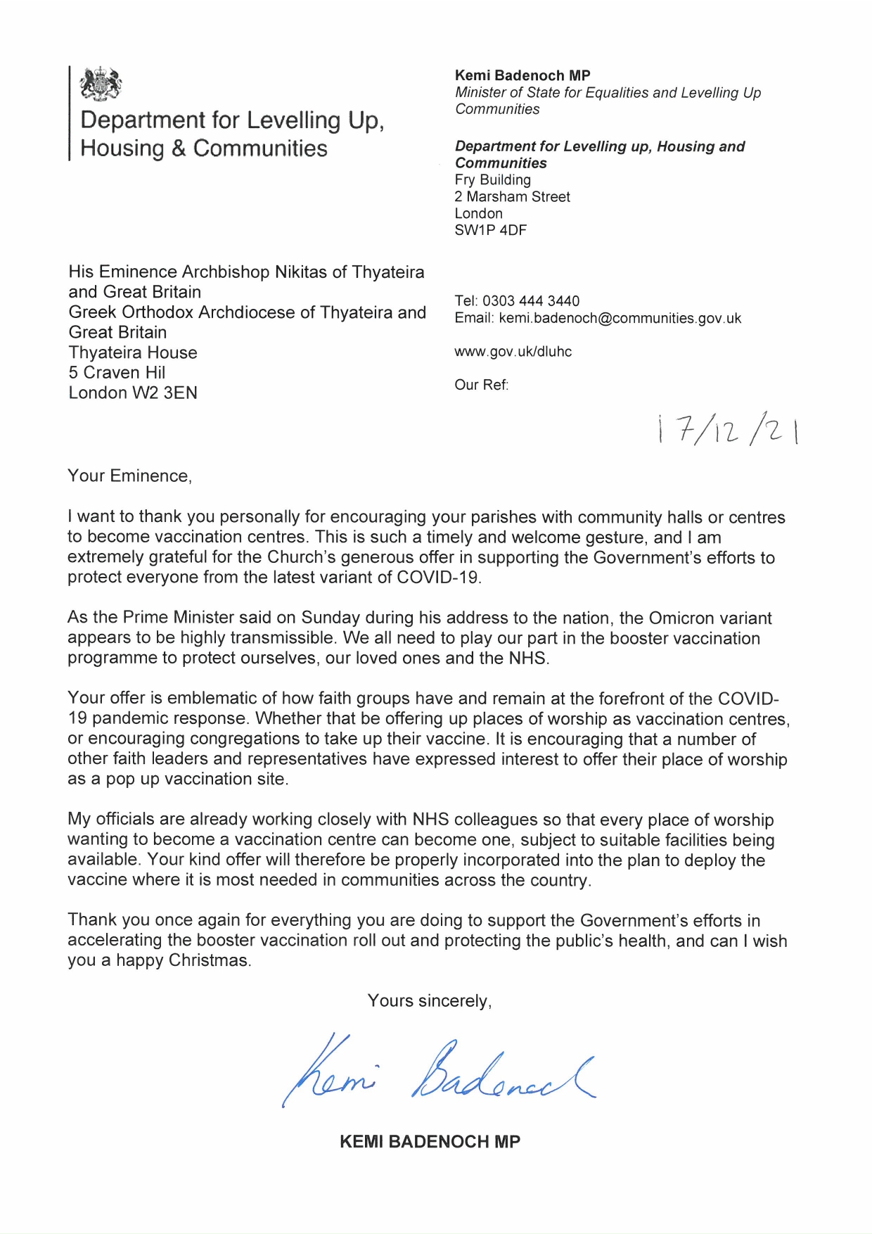 Correspondence from Minister Badenoch